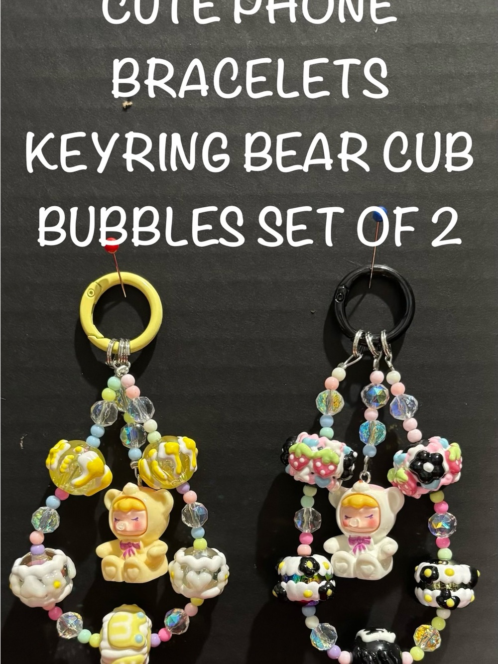 Cute Bear Bubble Phone Bracelet Land-yard Keyring Set of 2 - Yellow & Black